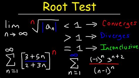 May 3, 2023 · A root test is a convergence test that allows us to check if a series is convergent or divergent. The test is different from the other tests on series as it can tell us whether a series is convergent or divergent but could not say anything about absolute convergence. To apply the root test we need to make use of the nth root of the nth term of ... 